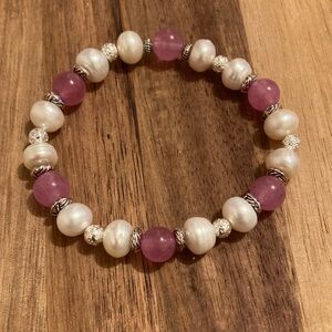 Handmade Freshwater Pearl and Strawberry Quartz Beaded Bracelet